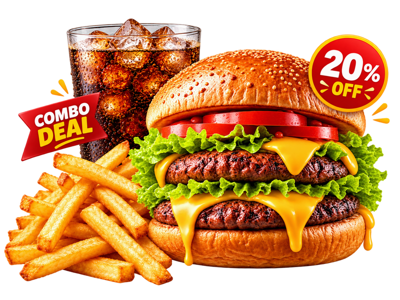 Cheese combo burger with fries and a drink