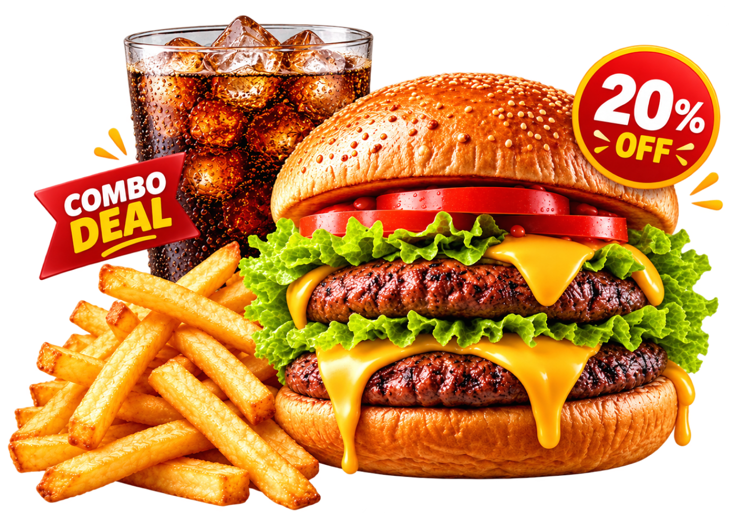 Cheese combo burger with fries and a drink